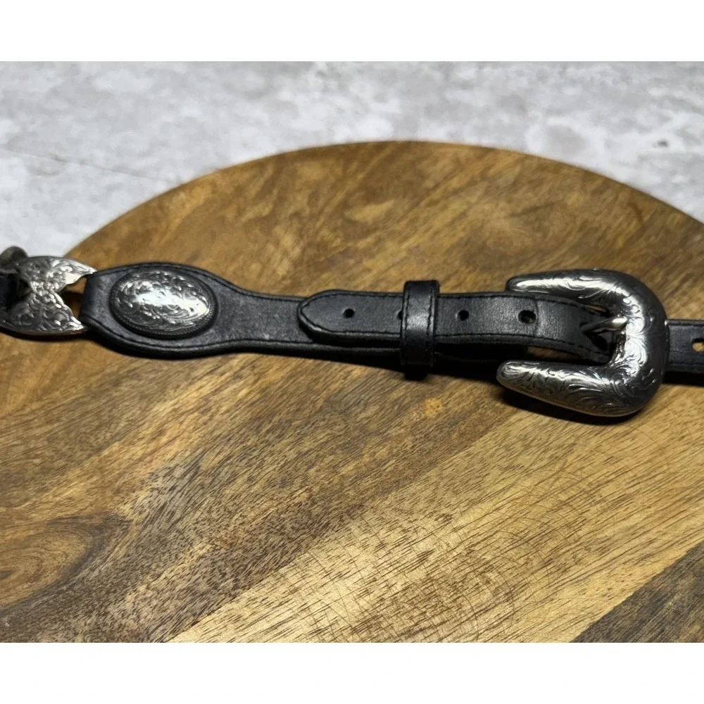 Tony Lama Western Belt Mens 30 Black Leather Concho Silver Buckle 1996 Cowboy